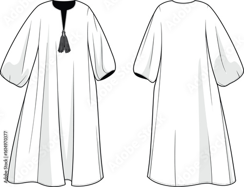 Loose dress technical flat sketch, tassel neckline illustration, casual garment front and back view vector, fashion cad drawing template design