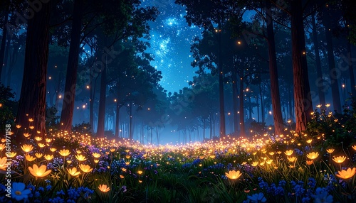 Magical forest path at night, glowing flowers and fireflies