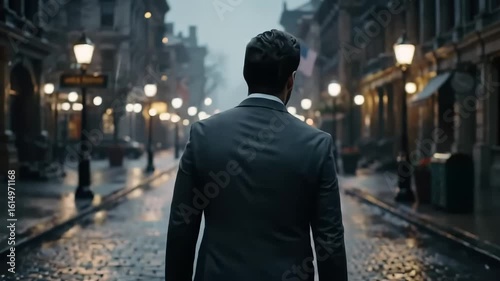 Man in suit walks rainy cobblestone street, city lights blurred background, film noir mood