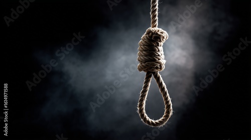 dramatic hangman noose suspended in dark dusty atmospheric scene