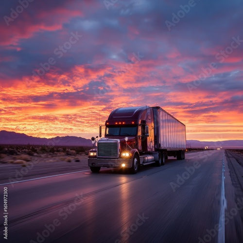 Nice photo of semi-truck speeds along desert highway under vibrant sunset. Logistic freight transportation concept. Efficient delivery, supply chain management, and long.