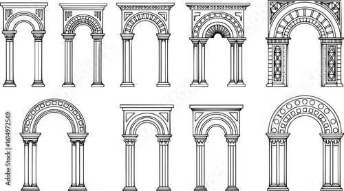 Art Deco arch window and door frames, entrance doorways, and gateways, featuring modern architectural line drawings. Ancient classical architecture with arched doors reminiscent of Medieval temples