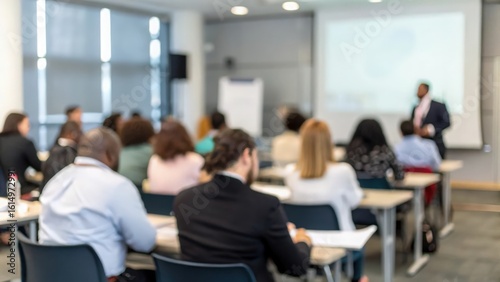 Diverse professionals in modern training room with blank wall display — learning and development concept
