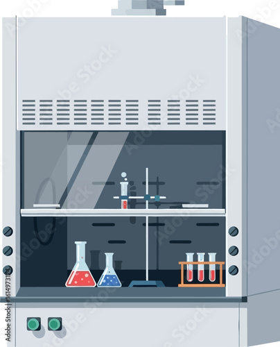 Modern Fume Hood Illustration Colorful chemical solutions in glassware and apparatus, showcasing safe chemistry experiments and educational laboratory research.