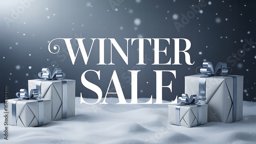 Elegant winter sale scene with wrapped gifts in snow, a perfect seasonal promotion for holidays and special occasions, ideal for marketing campaigns
