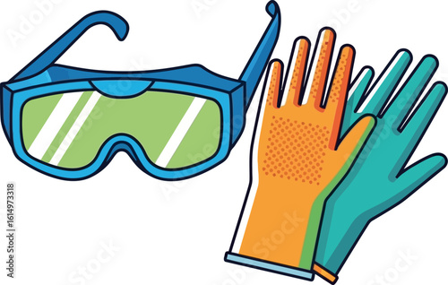 An illustration of essential safety gear, featuring protective goggles and work gloves. Personal protective equipment isolated on a white background.