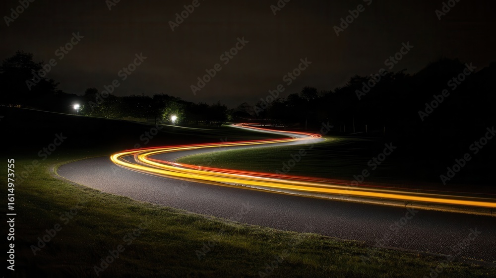 Obraz premium Nighttime view of a winding road with light trails.