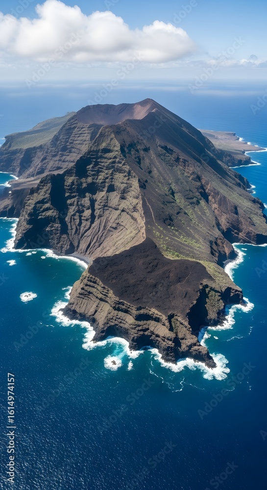 Obraz premium Volcanic island in the middle of the ocean, aerial view