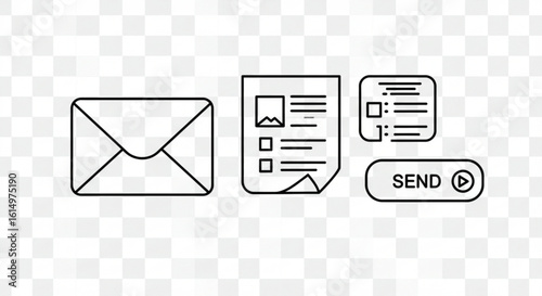 Illustration of an envelope, a document with an image, a checklist, and a send button icon vreated with genrated ai