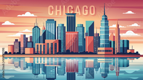 The Chicago, Illinois skyline reflects on Lake Michigan beneath pastel skies. Semi-realistic textures show tall towers like Willis and Hancock, bringing architectural beauty into peaceful balance.