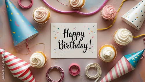 An artistic flat lay composition for a Happy Birthday celebration with delicious cupcakes, party hats, and a festive greeting card.