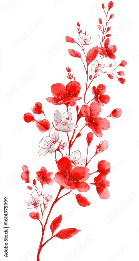 Naklejka premium Red and white blossoms on branch
