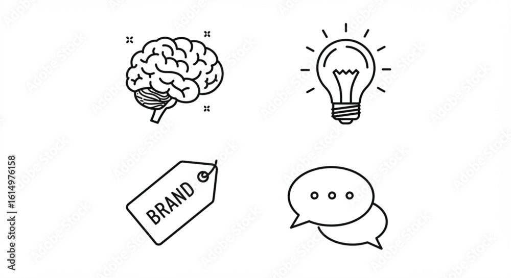 Illustration showing brain, lightbulb, brand tag and speech bubble, all in black outline style design vreated with genrated ai