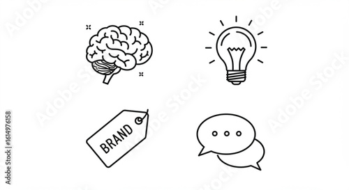 Illustration showing brain, lightbulb, brand tag and speech bubble, all in black outline style design vreated with genrated ai
