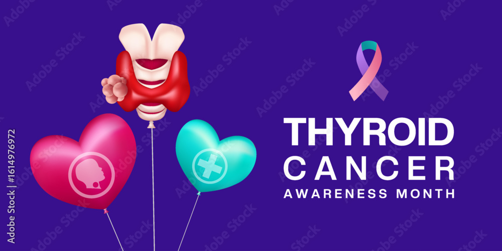 Fototapeta premium September is Thyroid Cancer Awareness Month. Thyroid, human and plus icon. Great for posters, banners and social media. Purple background.