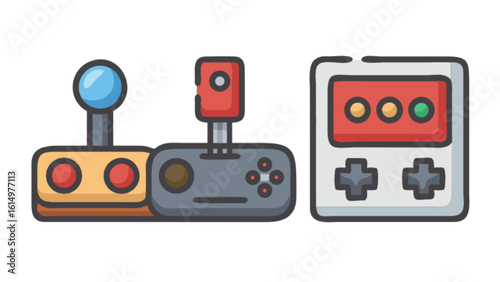 Retro gaming console and joystick vector illustration for vintage game design and arcade game graphics asset