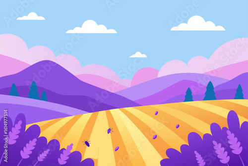 Vibrant landscape with rolling hills and a field