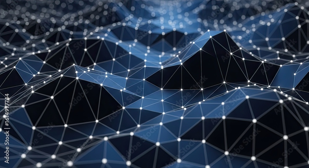 Fototapeta premium Abstract geometric network of glowing blue nodes and dark polygonal landscape