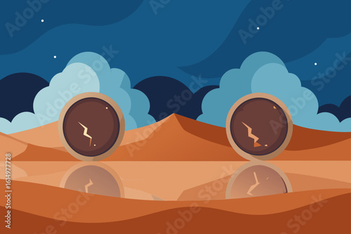 Mysterious cracked orbs reflecting in a desert landscape under a starry sky