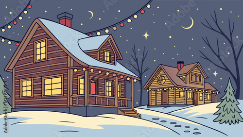 Winter holiday cabin christmas lights snow scene vector illustration christmas vacation home decoration design 100