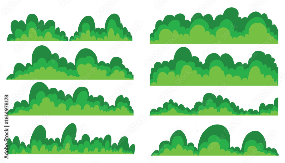 Obraz premium Set of bushes vector illustration. Various green bush and grass elements collections. Bush cartoon tree isolated on white. Green grass silhouette. Lines of plants, shrubs for boarding and framing