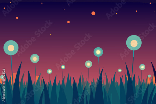 Magical glowing flowers in a twilight meadow