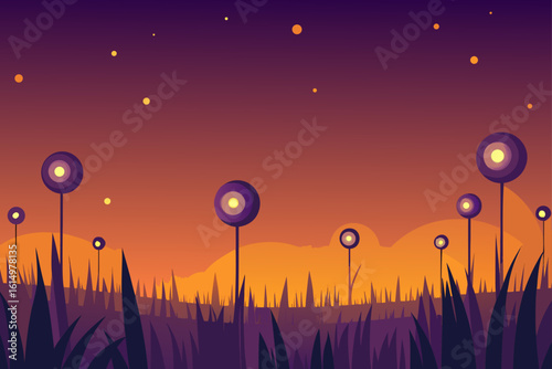 Whimsical alien flora glows under a twilight sky