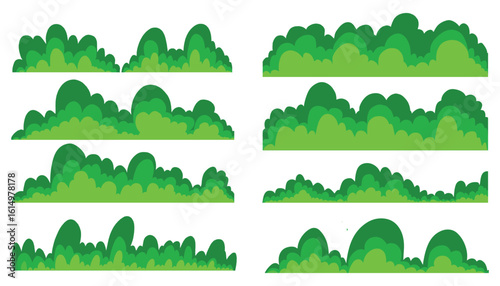 Set of bushes vector illustration. Various green bush and grass elements collections. Bush cartoon tree isolated on white. Green grass silhouette. Lines of plants, shrubs for boarding and framing
