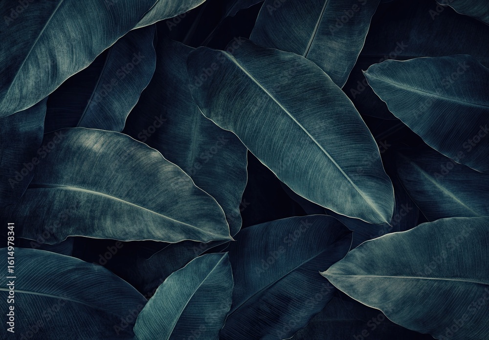 Obraz premium A dark navy background with a pattern of large, shadowy leaves