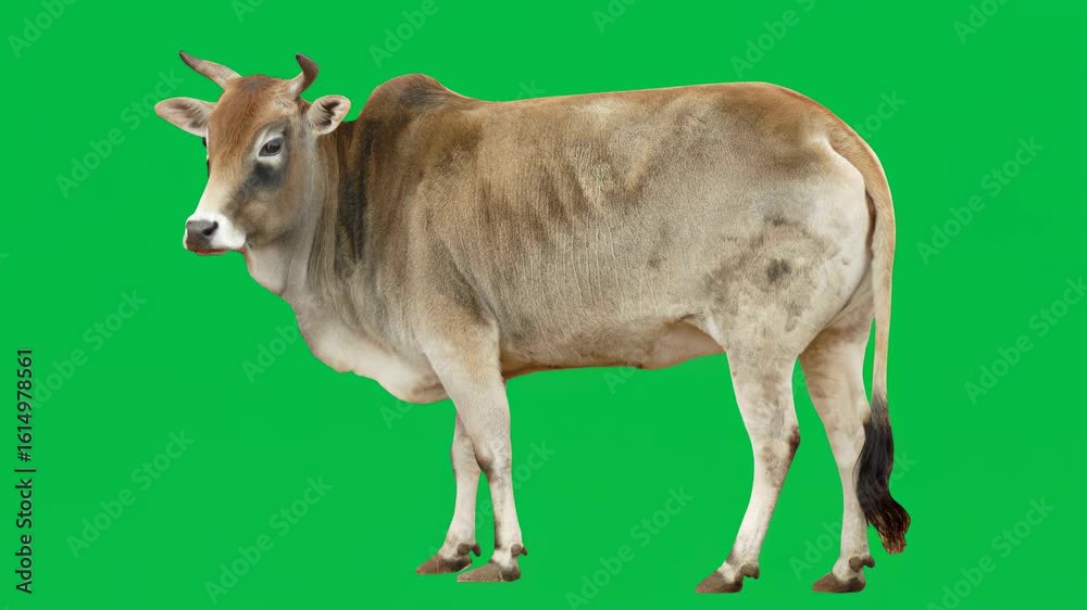 Indian zebu cow on green screen. A farm animal with humped back isolated. Livestock for agricultural purposes. Indian zebu cow on green screen. A farm animal with humped back isolated. Livestock for agricultural purposes.