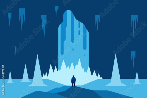Lone figure gazes at majestic ice formation in blue landscape