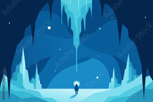 Lone figure in a vast ice cave under a glowing light