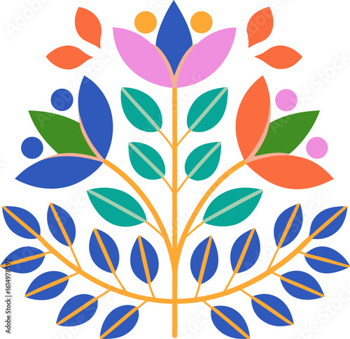 Colorful abstract geometric flower in Nordic folk style