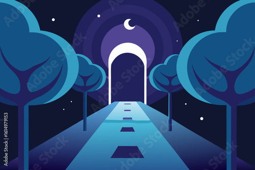 Mysterious nighttime pathway leading to an illuminated archway