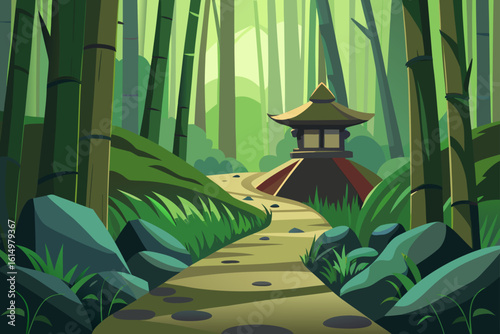 Serene bamboo forest path with japanese lantern