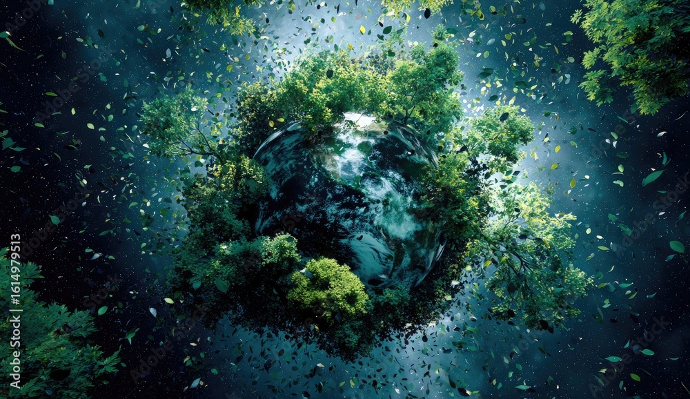 Fototapeta premium Earth, lush with greenery, surrounded by debris, in a dark cosmos