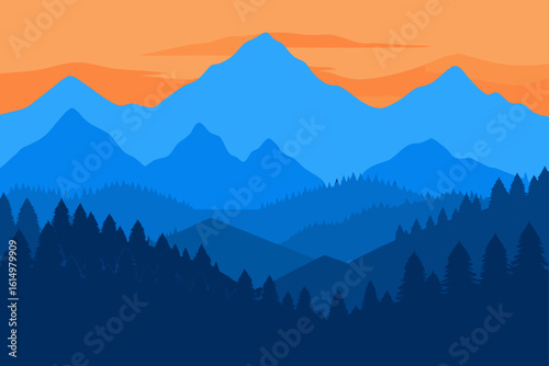Vibrant sunset over layered blue mountains and pine forests