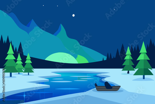 Tranquil winter night scene with mountains and frozen lake