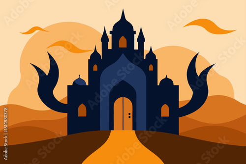 Mysterious dark castle on a desert landscape