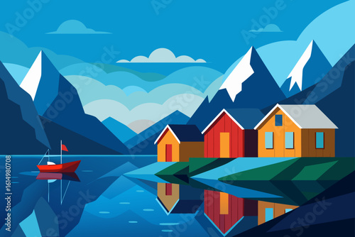 Serene mountain lake with colorful cabins and sailboat