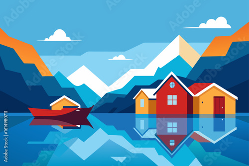 Serene lakeside village with mountains and boat reflection