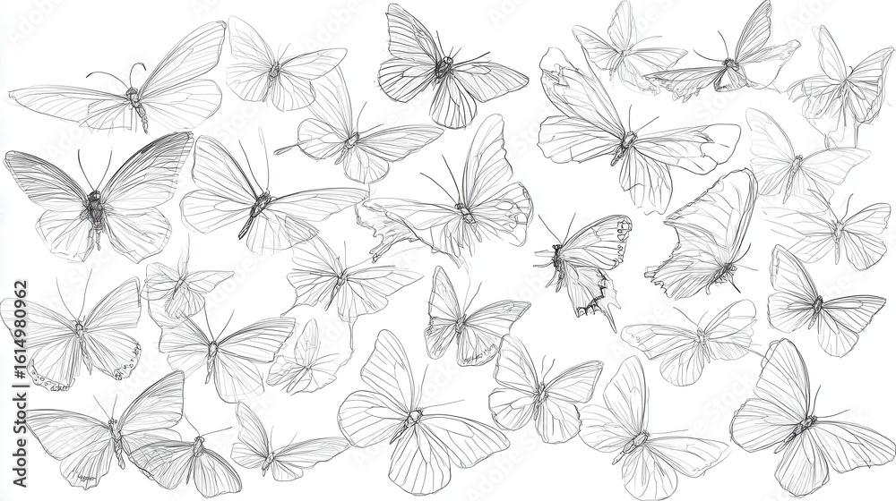 Fototapeta premium Many detailed line drawings of butterflies in flight.