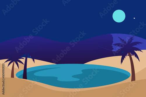 Desert oasis under a starry night sky