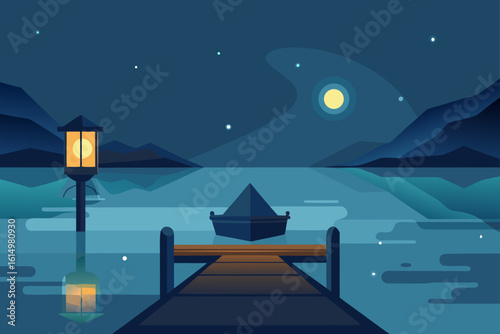 Serene night scene with dock and boat on a calm lake