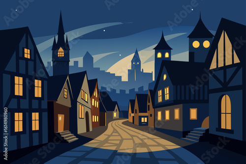 Cozy european village street at dusk with warmly lit buildings