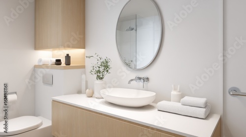 small guest bathroom, oval mirror, floating sink, white walls, light wood cabinet, soft indirect lighting