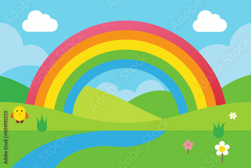 Charming cartoon landscape with rainbow and cute chick