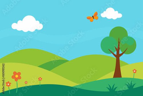 Vibrant cartoon landscape with rolling hills a tree flowers and a butterfly