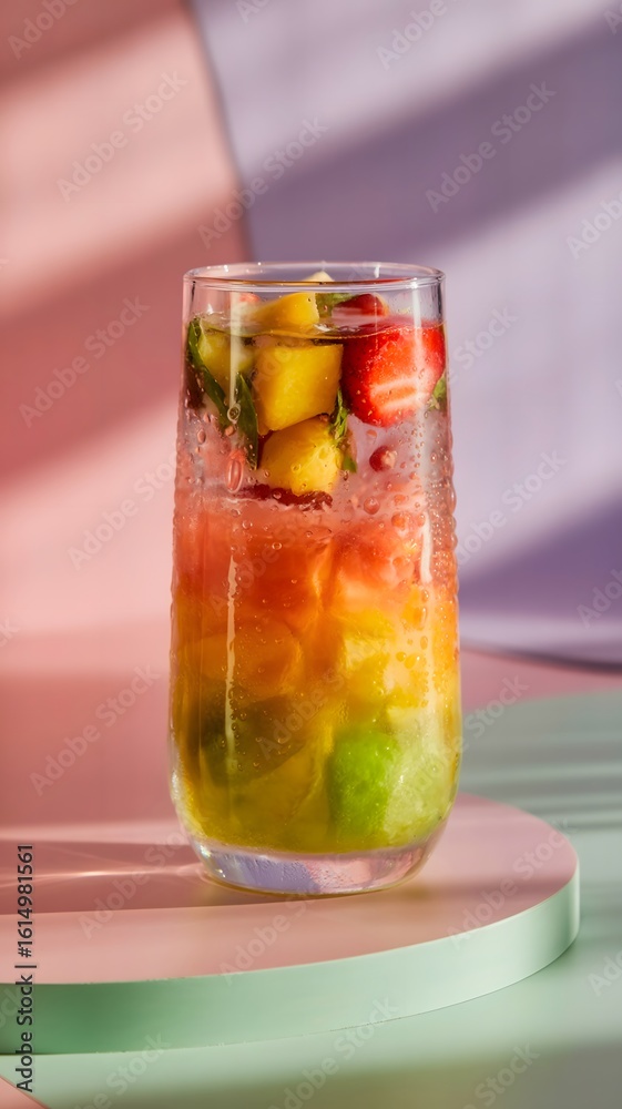 custom made wallpaper toronto digitalTall glass with layered fruit and ice cubes in colorful background fruit infused water layered drink