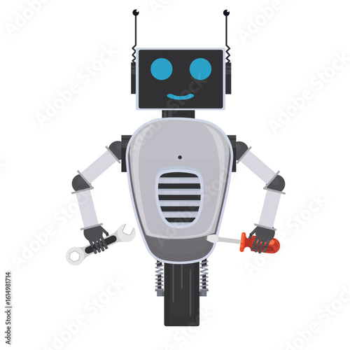 Robot on a wheel. Android repairman robot, vector illustration
